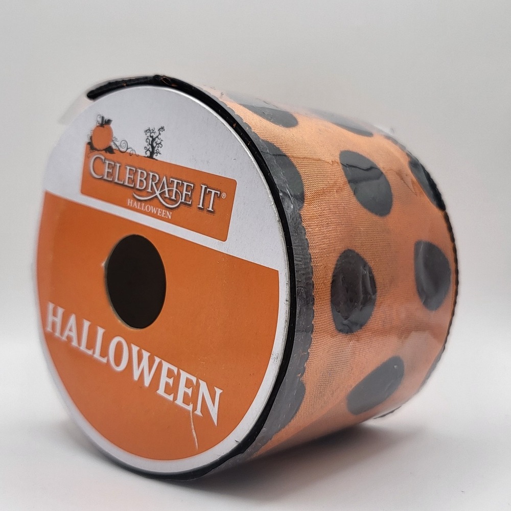 Halloween Ribbon Orange Black Polka Dot Wired Craft Decor Roll